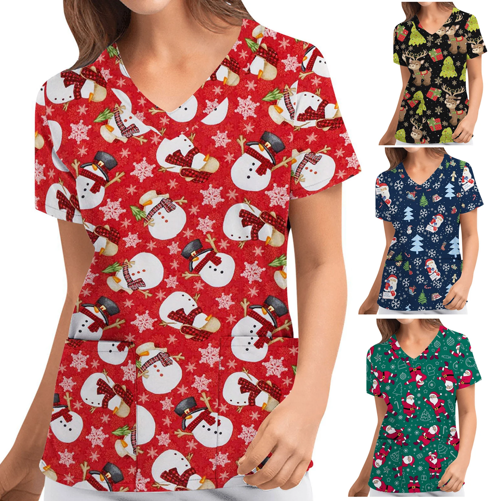 2022 Christmas Outfits 2022 new Christmas print Scrubs T shirt Doctor nurse uniform breathable