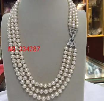 

Free Shipping NEW beautiful 3 rows AAA 7-8mm White Round Freshwater Cultured Pearl Necklace 20"