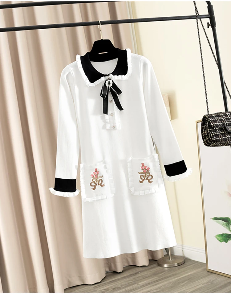 Trytree Autumn Winter Women Dress Casual Peter pan Collar Bow Embroidery Pocket Shirt Dresses Knitting Black Straight Mini Dress