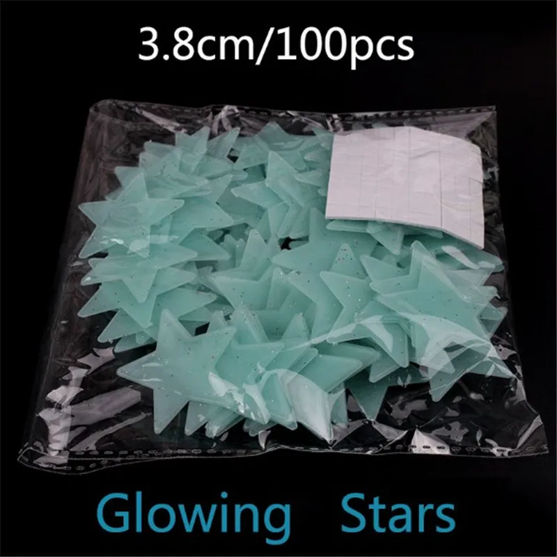100PCS 3.8cm BL Pk 100 шт. светящаяся Звезда Луна Наклейка на стену Снежинка светится в темноте наклейка для детской комнаты Рождественский Декор флуоресцентная наклейка s - Цвет: 100PCS 3.8cm BL Pk