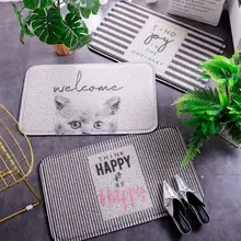 Коврик с проволочным кольцом, используемый милым котенком для входа в дверь, и коврик для пола, используемый для входа в ванную комнату