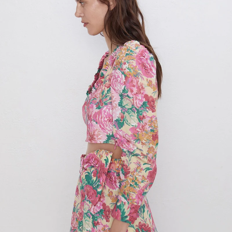 Fandy lokar блуза цветочный принт женские модные короткие рубашки женские элегантные топы с длинными рукавами женские Дамские HG