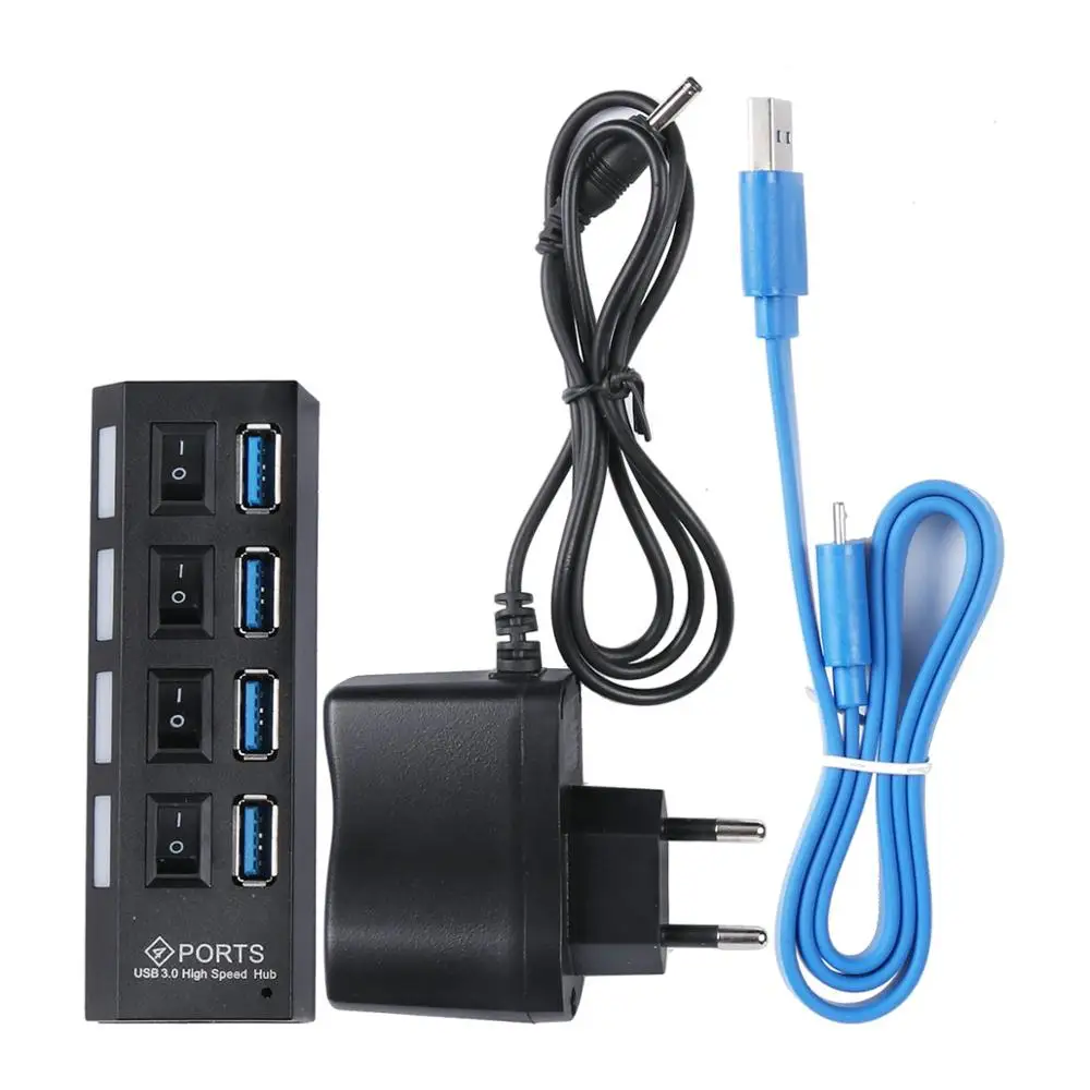 EU Plug 4 Порты и разъёмы USB 3,0 H ub вкл/выкл кнопка+ AC Мощность Кабель-адаптер для портативных ПК - Цвет: EU Plug