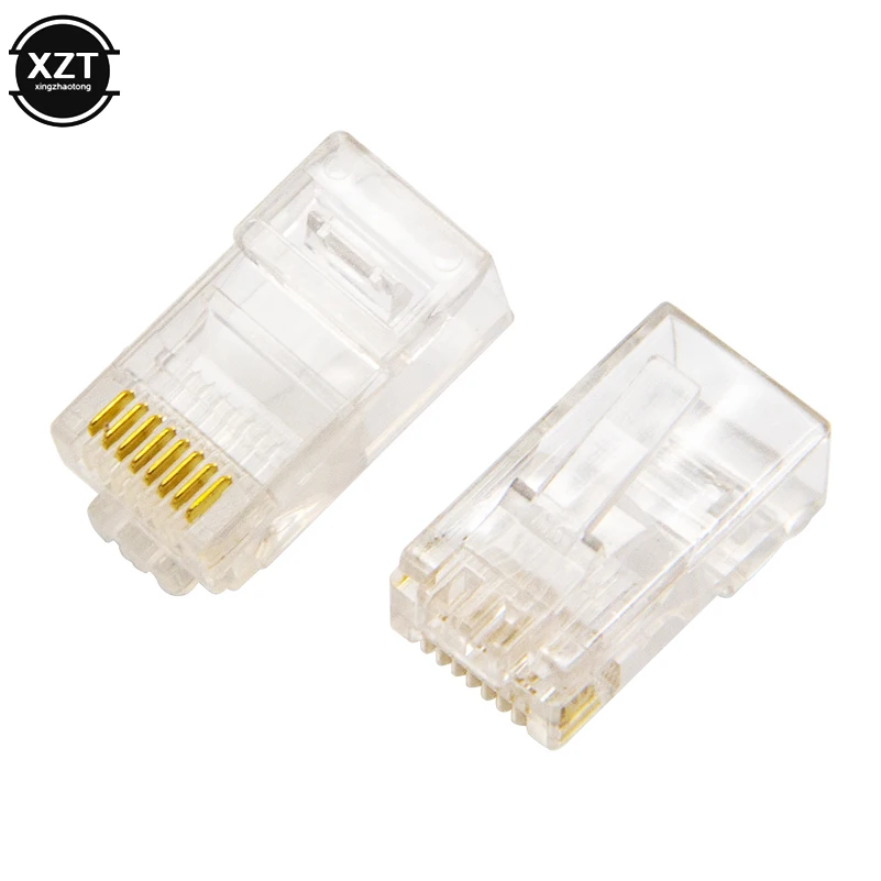 RJ45 CAT6 CAT5e Pass Through Connectors Crystal End Gold-Plated 8P8C Crimp UTP Standard Ethernet Network Modular Plug
