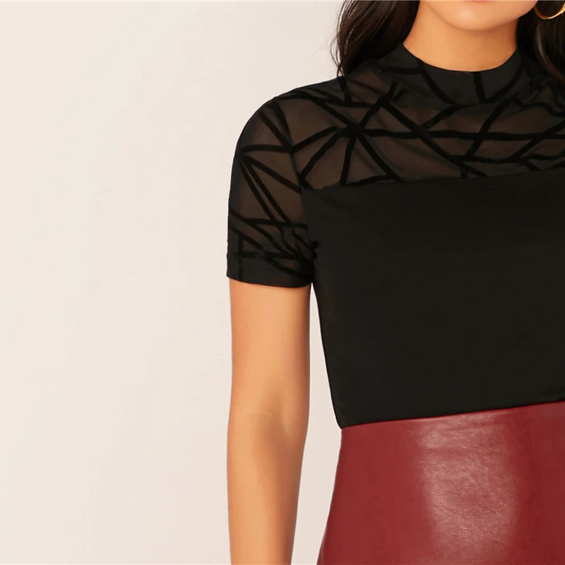 SHEIN черный сетчатый хомут, облегающий Топ, прозрачная футболка, Женская Осенняя футболка с коротким рукавом, элегантное, со стоячим воротником, тонкая футболка, топы
