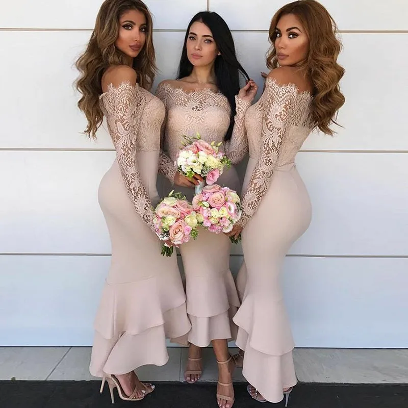 Mermaid Bridesmaid Dress Off-the-Shoulder Long Sleeves Blush Bridesmaid Dress with Lace for Wedding