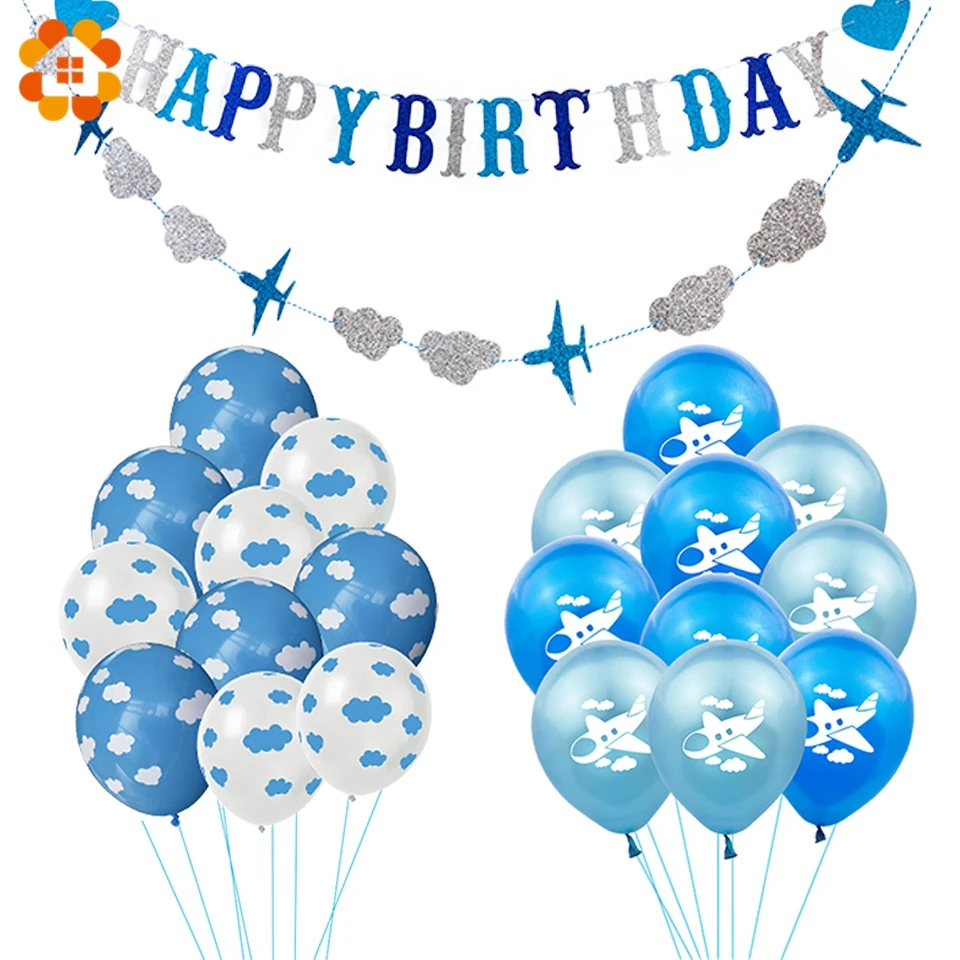 

12 Inch Latex Balloon Birthday Party Decoration Kid Boy Blue White Cloud Balloon Birthday Airplane Banner Party Balloon 10pcs