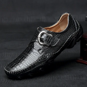 

CcharmiX Mens Casual Shoes Large Size Winter Warm Plush Men Loafers Crocodile Pattern Fur Moccasins Genuine Leather Male Shoes