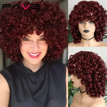 FAVE Afro Kinky Curly Wig With Bangs Black Red Synthetic Hair 1