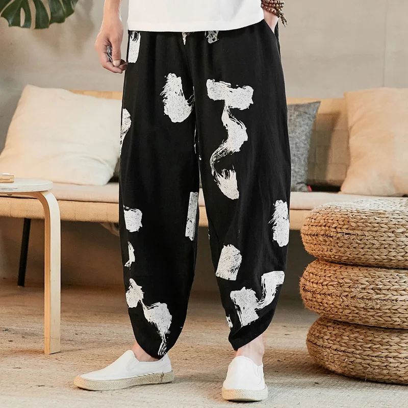 

Export 2019 Autumn Chinese-style Cotton Linen Flax Printing Ninth Pants Sub-Men's Loose And Plus-sized Hugh