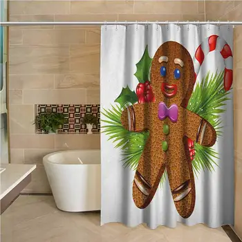 

Gingerbread Man Professional Shower Curtain Cute Tasty Pastry on Coniferous Branches Candy Cane and Holly Berry Decorative