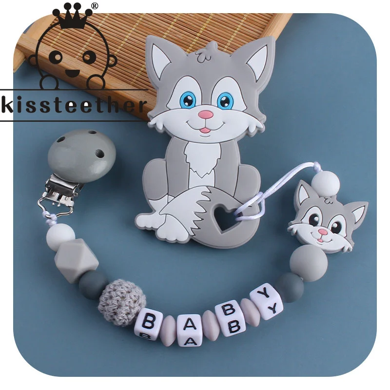 Kissteether Personalized Name Handmade Pacifier Clips Holder Chain Silicone Pacifier Chains Set Civet Cat Baby Teether Chain