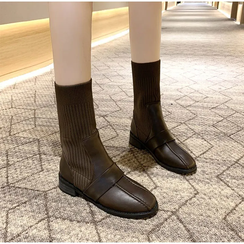 

Women Mid Calf Boots Woman Soft knitting Stretch Women's Sock Boots Women's Fashion PU Square Heels Ladies Slip On Female Shoes