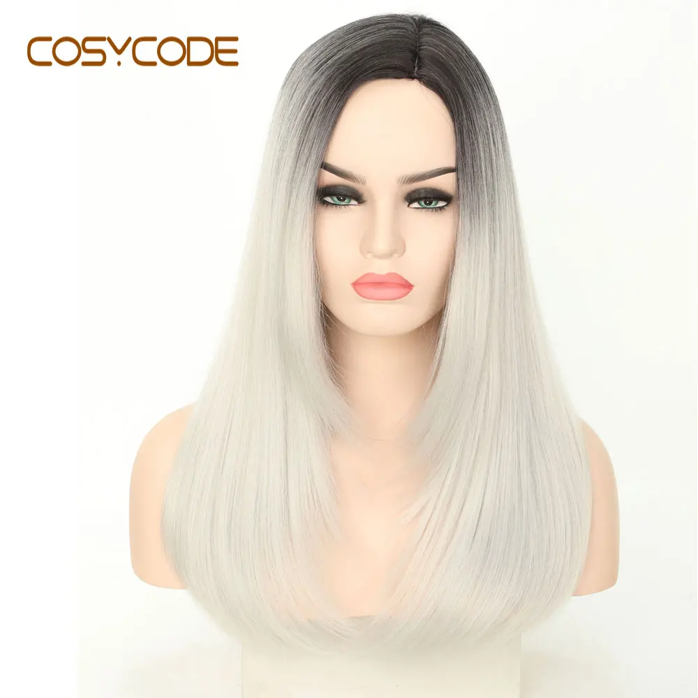 COSYCODE черный парик Средняя часть 22 дюймов некружевной Синтетический Косплей парики для женщин половина яки смешанные Половина прямой костюм