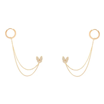 

Small Butterfly Stud Earrings for Women Gold Color Hoop Clip Double Layer Tassel Chain CZ Zircon Jewelry Korean Elegant Gifts
