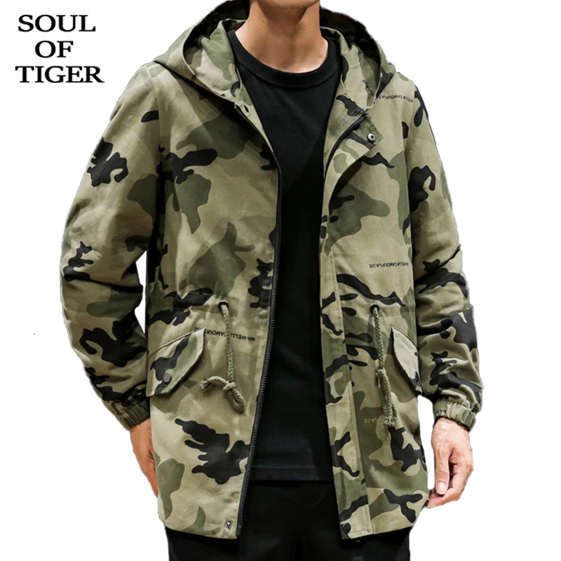 SOUL OF TIGER корейская мода ветровка Мужские Винтажные куртки с капюшоном свободные камуфляжные пальто Мужская осенняя одежда Большие размеры 5XL