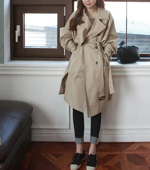 

New Korean Version Double Breasted Shoulder Sleeve Windbreaker Mid Long Below Knee Side Split Female Khaki Trenchs