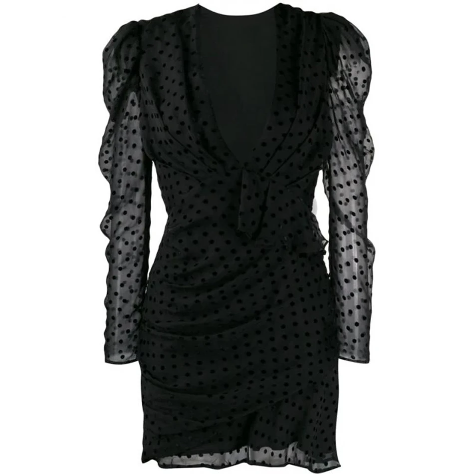 Sexy V-neck puff long sleeve high waist ruffled asymmetric polka dot dress women's fashion winter new style