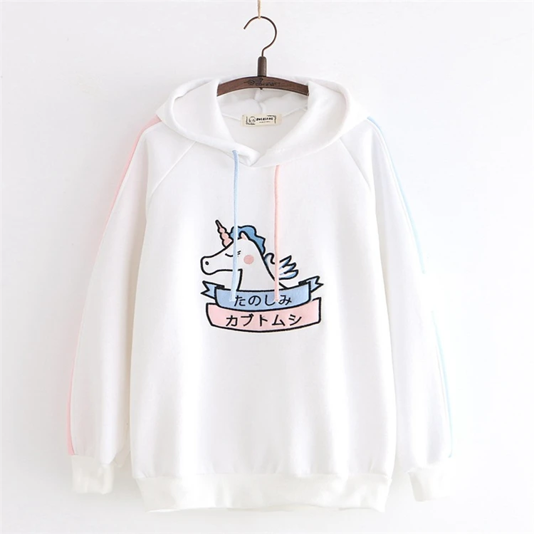 MERRY PRETTY женский мультфильм Единорог Вышивка толстовки с капюшоном Harajuku Kawaii толстовки зима плюс бархат пуловер спортивный костюм