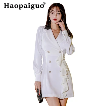 

2019 New Arrival White Formal Blazer Dress Women Long Sleeve Ruffles Mini Short Dress Women Double Button Work Office Dresses
