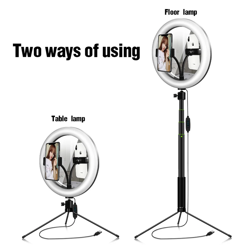 High Quality LED Ring Light 26cm With Double Side Mirror Photography Lights for Video Makeup Ring Lamp With Tripod Selfie Stick