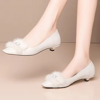 

Women Pumps square Toe Genuine Leather Stiletto low Heels Shoes Spring Summer Wedding Shoes Woman Party Pumps