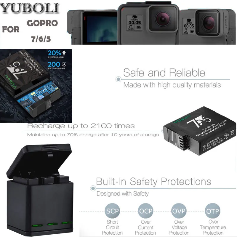 youboli bateria 1600mAh Go pro hero 7 батарея для GoPro 5 hero 5 hero 6 7 hero 6 4K hero 7 аксессуары для камеры