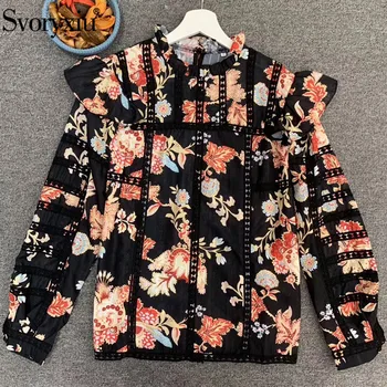 

Svoryxiu Elegant Flower Print Spring Summer Blouse Shirt Women's Stand Collar Lantern Sleeve Designer Blouse Tops Female