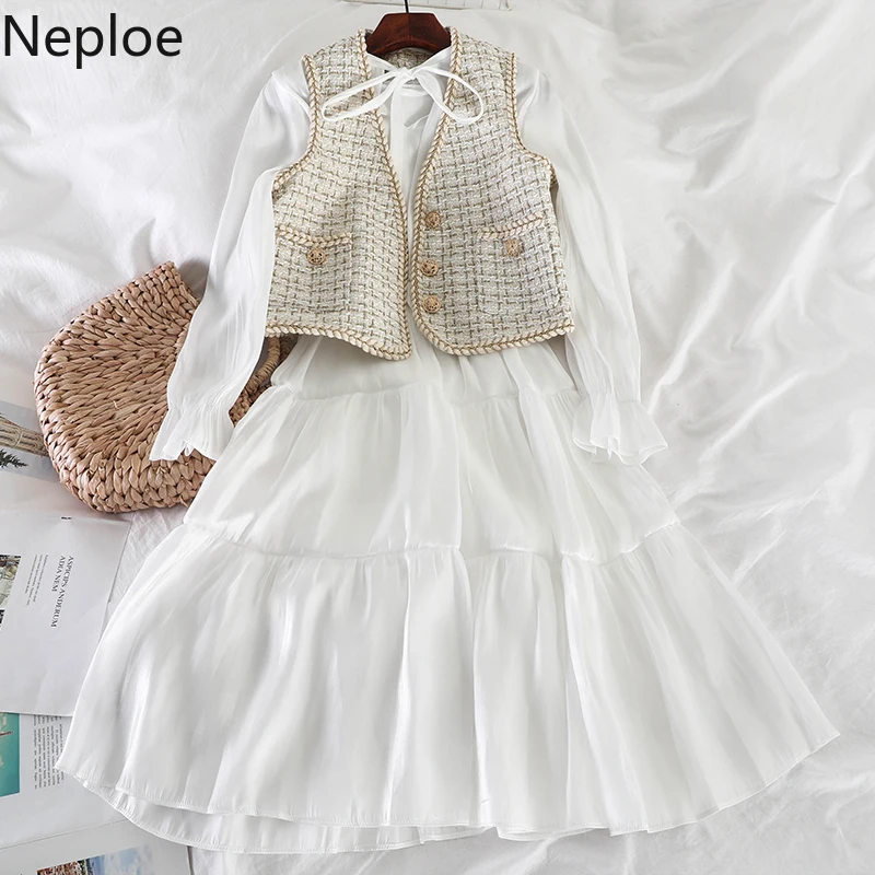 Neploe/маленькое дизайнерское тонкое длинное платье с галстуком-бабочкой+ плед, кардиган короткий жилет, комплекты из 2 предметов, осенняя Элегантная модель 46824 года
