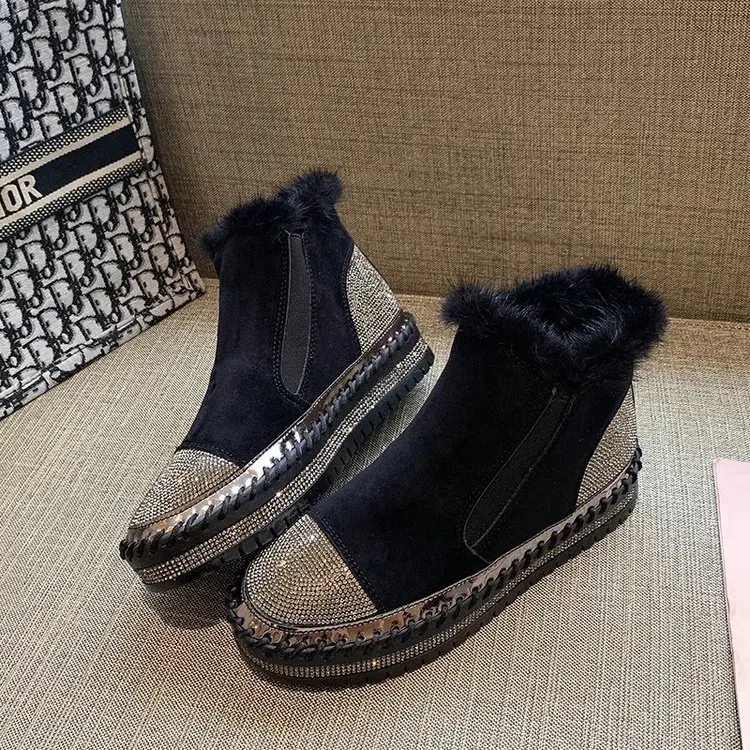 Hairy shoes women's outer wear winter 2021 new thick-soled rhinestone high-top lazy fashion boots women velvet woman boots Wool 