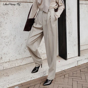 

Mnealways18 Straight Vintage Pleated Office Pants Women High Waist Long Trousers Elegant 2020 Summer Pants Ankle-Length Trousers