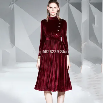 

Velvet Dress 2020 Pack Temperament Waist Slimming Socialite French Middle Pleated Long Skirt
