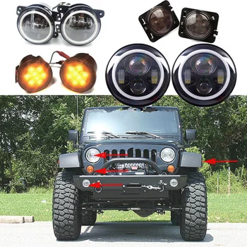 

7 inch Round H4 Halo LED Headlights + 4 inch White Amber Fog Light + Turn signal Combo Kit For Jeep Wrangler JK 2007-2017