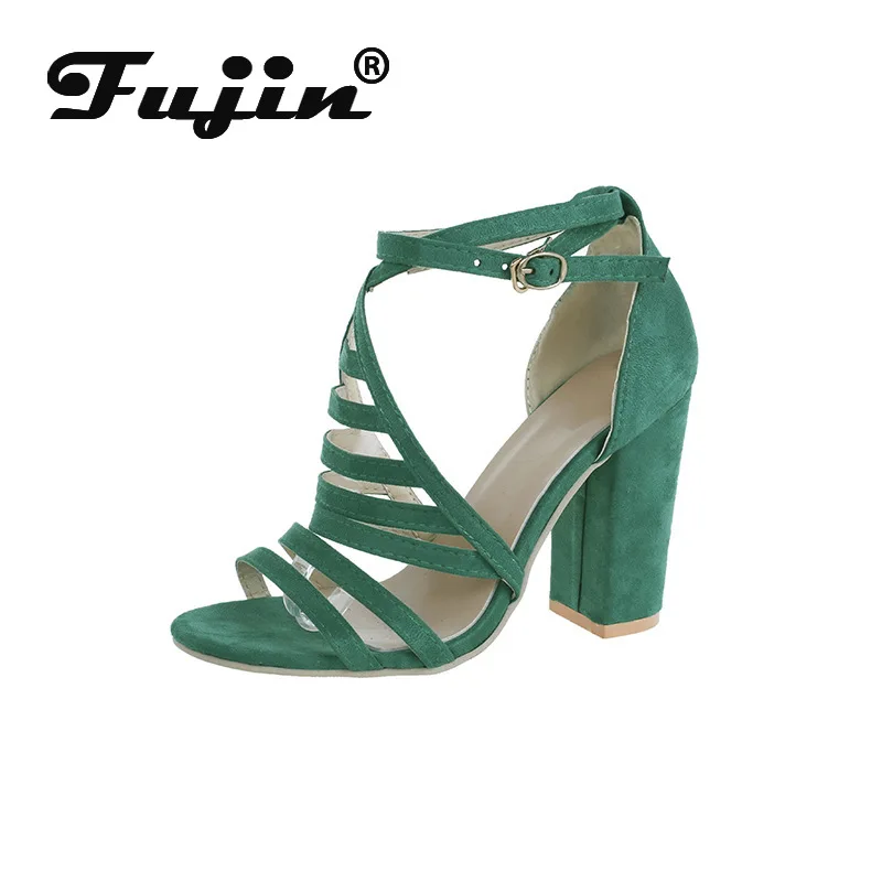

Fujin 2020 High Heeled Sandals Comfortable Women Shoes Thin Belt Cross Thick Heel Fashion Square Heel Flock Green Women Sandals