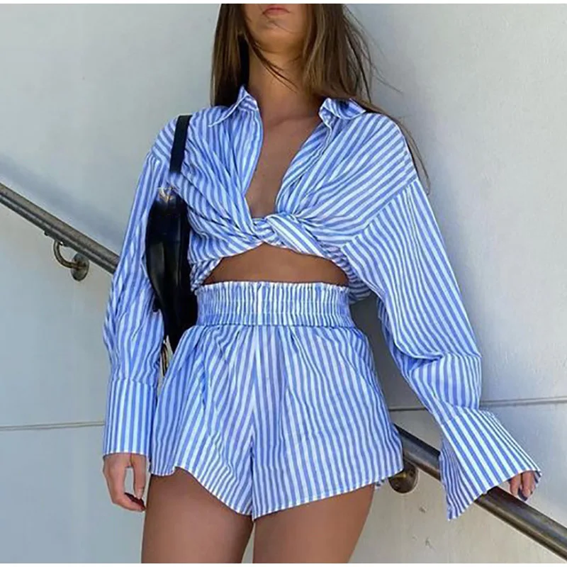 Loung Wear Tracksuit Women Shorts Set Stripe Long Sleeve Shirt Tops And Loose High Waisted Mini Shorts Two Piece Set 2021 plus size bra and panty sets