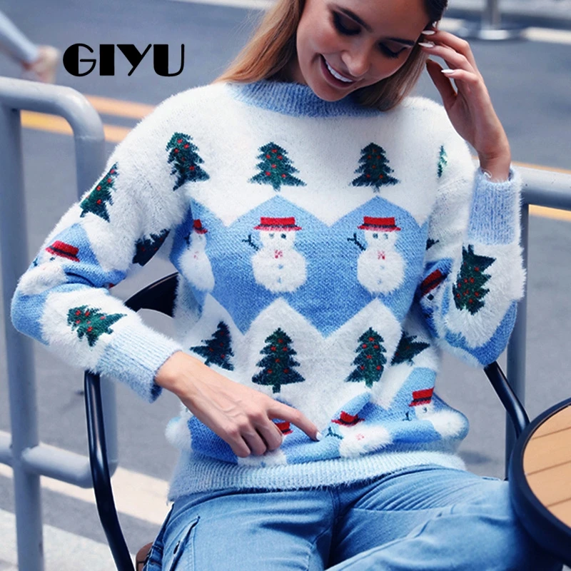 

GIYU O Neck Christmas tree Printed Patchwork Knitted Sweater Autumn Winter Jumpers Casual Pullover sueter mujer invierno