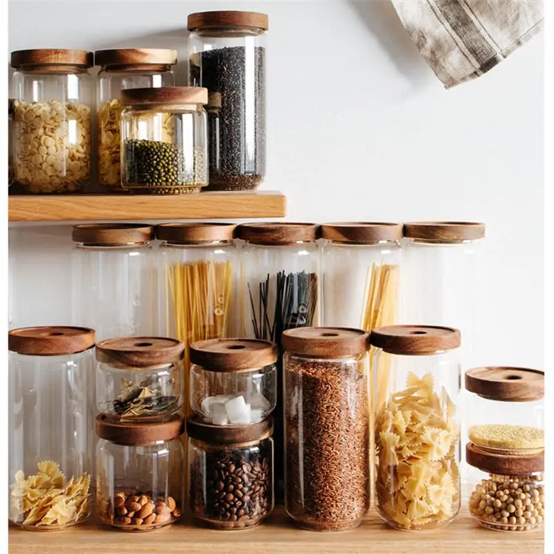 

Glass Food Storage Container/Canisters with Airtight Wooden Lid for Preserving Kitchen Tea Coffee Sugar Storage Jars