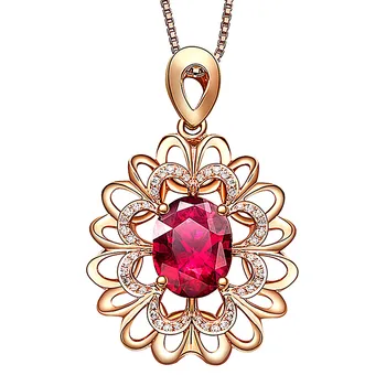 

Vintage flower ruby gemstones red crystal zircon diamond pendant necklaces for women rose gold luxury jewelry choker bijoux gift