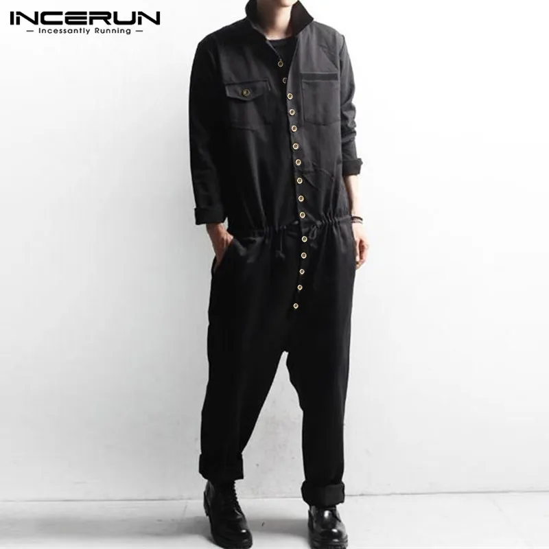 

INCERUN Autumn Fashion Men Long Sleeve Casual Jumpsuit Solid Cargo Overalls Multi Button Lapel Mens Rompers Retro Streetwear 7