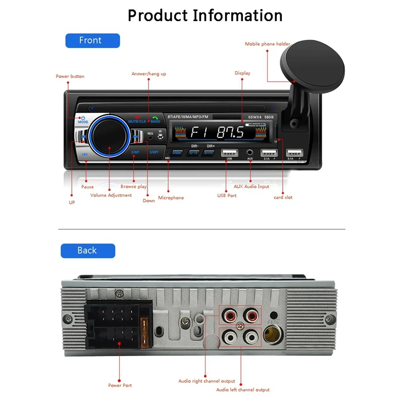 Car Multimedia Car Stereo Single Din BT Audio and Calling Built-In Microphone WMA 3USB Auxiliary Input FM Radio Receiver ISO Por