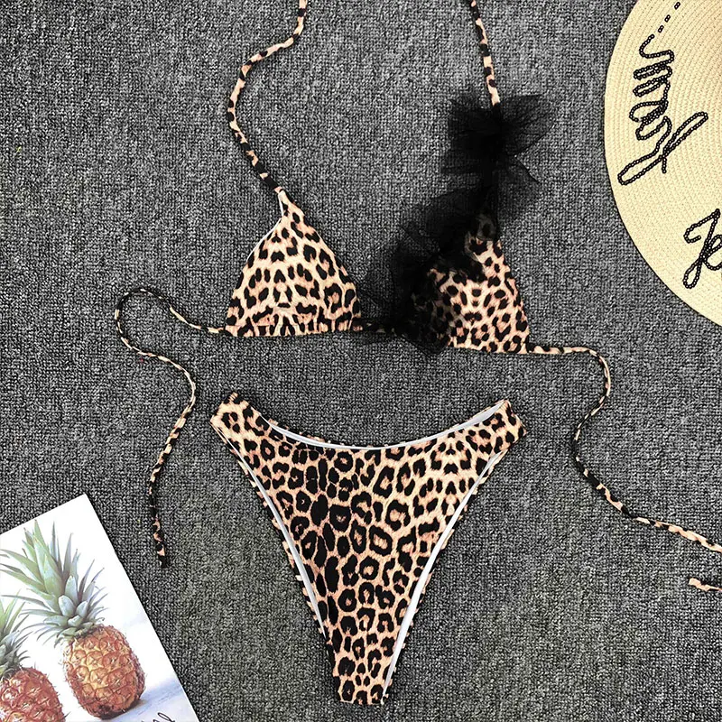 

Sexy Mesh Bikini Halter Push Up Swimwear Women Swimsuit Female G-String Micro Bathing Suit Leopard Brazilian Swimsuit Beachwear