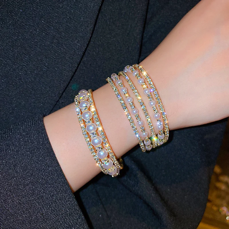 FYUAN Geometric Multilayer Rhinestones Bracelet & Bangles For Women Pearl Cuff Bracelets Weddings Jewelry bangle bracelet