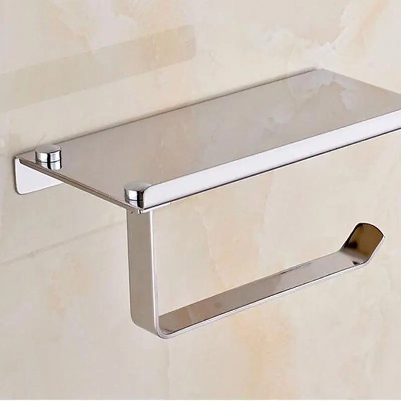 Stainless Steel Bathroom Toilet Paper Holder Roll Paper Dispenser Stand, with Phone Holder Shelf, Silver