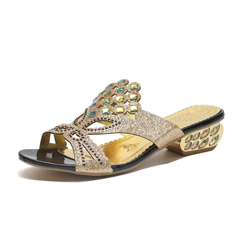 

WDHKUN Women Summer Open Toe Chunky Heel Sandals Fashion Bling Rhinestones Beach Flip Flops Slip On Outside Slides Shoes Woman