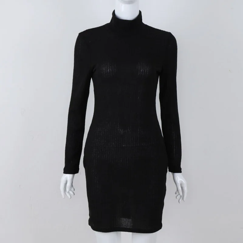 Однотонное теплое облегающее платье с воротником под горло, повседневное вязаное стильное весеннее Новое теплое платье-свитер с длинным рукавом для женщин - Цвет: Black Dress
