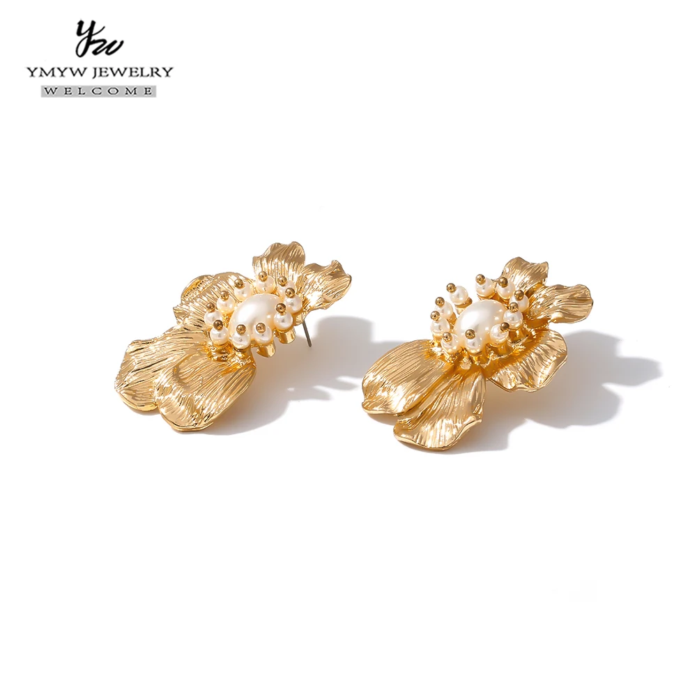 

YMYW ZA Statement Flower Stud Earrings Gold-color Charm Imitation Pearl Zinc Alloy Metal Earrings Jewelry Oorbellen voor vrouwen