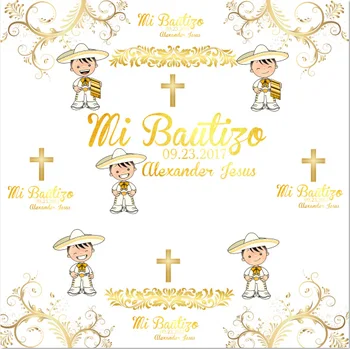 

8x8FT Gold Baptism Party Mexican Boy Mi Bautizo Cross Custom Photo Studio Background Backdrop Vinyl 240cm x 240cm