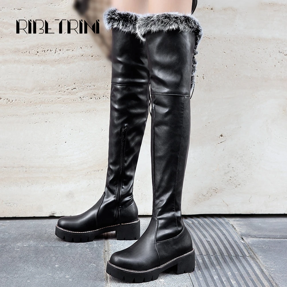 

RIBETRINI Winter Warm over-the-knee Boots Women Add Fur Snow Boots Women Vintage Trunky Heeled Shoes Woman