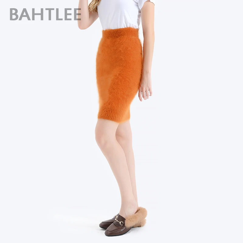 BAHTLEE, Женская Ангорская прямая юбка, до колена, Империя, одноцветная, Осень-зима, шерстяной вязаный джемпер, костюм, Базовый стиль