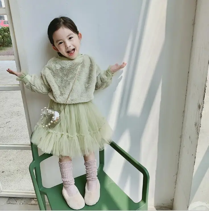 Korean Style Girls 2 Pcs Set Sweatshirt+Skirt Autumn Winter Thicken Fashion Girls Suits 1-6 years PQ825